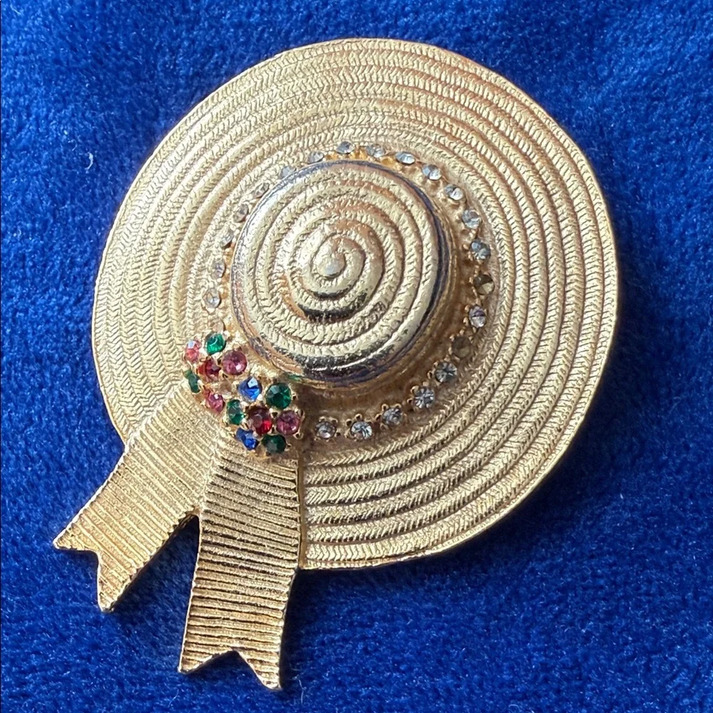 Gold Tone Straw Hat Brooch with Colorful Rhinestones